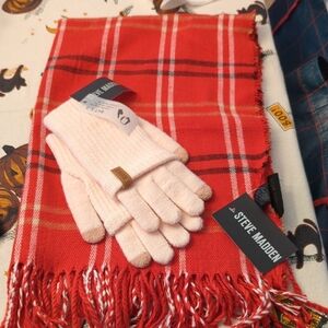 New Steve Madden Vibrant Red Plaid Scarf and Soft Peach Gloves